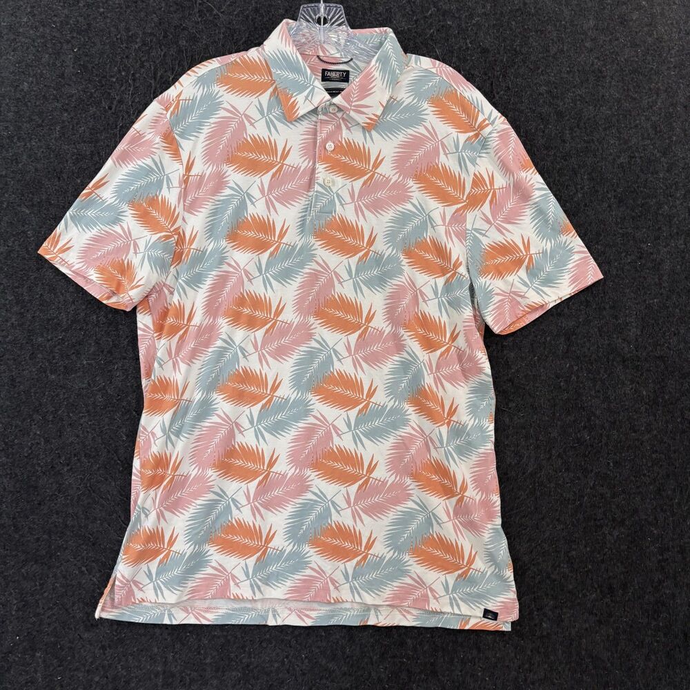 Faherty Movement Pique Polo Shirt Men's Large White Paradise Palm Stretch Golf